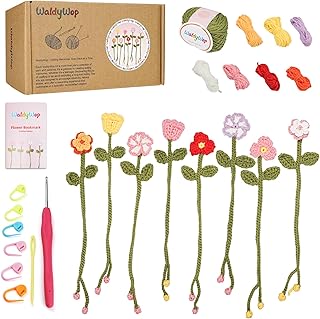 WaldyWop Crochet Kit for Beginners: 8 Flower Bookmarks Knitting Kit w/Video | Step-by-Step Video Tutorials, Soft Yarn &amp; Hook, Easy Wobbles DIY Art Craft Kit for Adults, Birthday Gifts for Women Teen