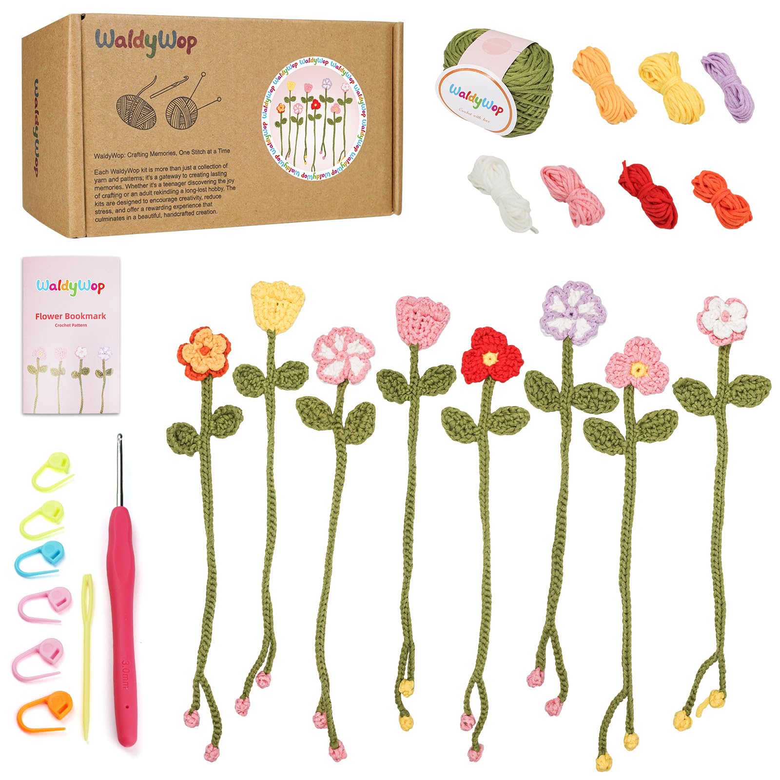 WaldyWop Crochet Kit for Beginners: 8 Flower Bookmarks Knitting Kit w/Video | St
