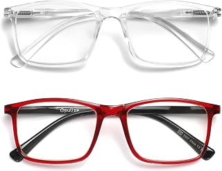OPULIZE INK Reading Glasses for Women Men, Large Rectangular Frame with Spring Hinges & Scratch Resistant, Clear Red, +2(Pack of 2)
