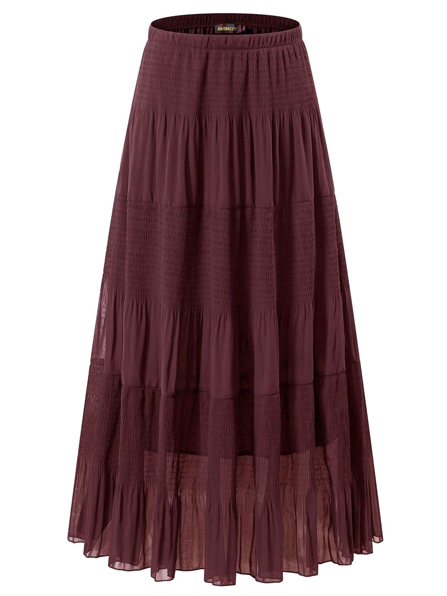 NASHALYLY Women's Chiffon Elastic High Waist Pleated A-Line Maxi Skirts