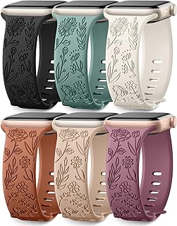 6 Pack Floral Engraved Bands Compatible with Apple Watch for Women | Cute Silicone Straps for Series 12 11 10 9 8 7 6 5 4 SE 3/2/1 Ultra, Wristband for iWatch 42mm 40mm 41mm 38mm 44mm 45mm 46mm