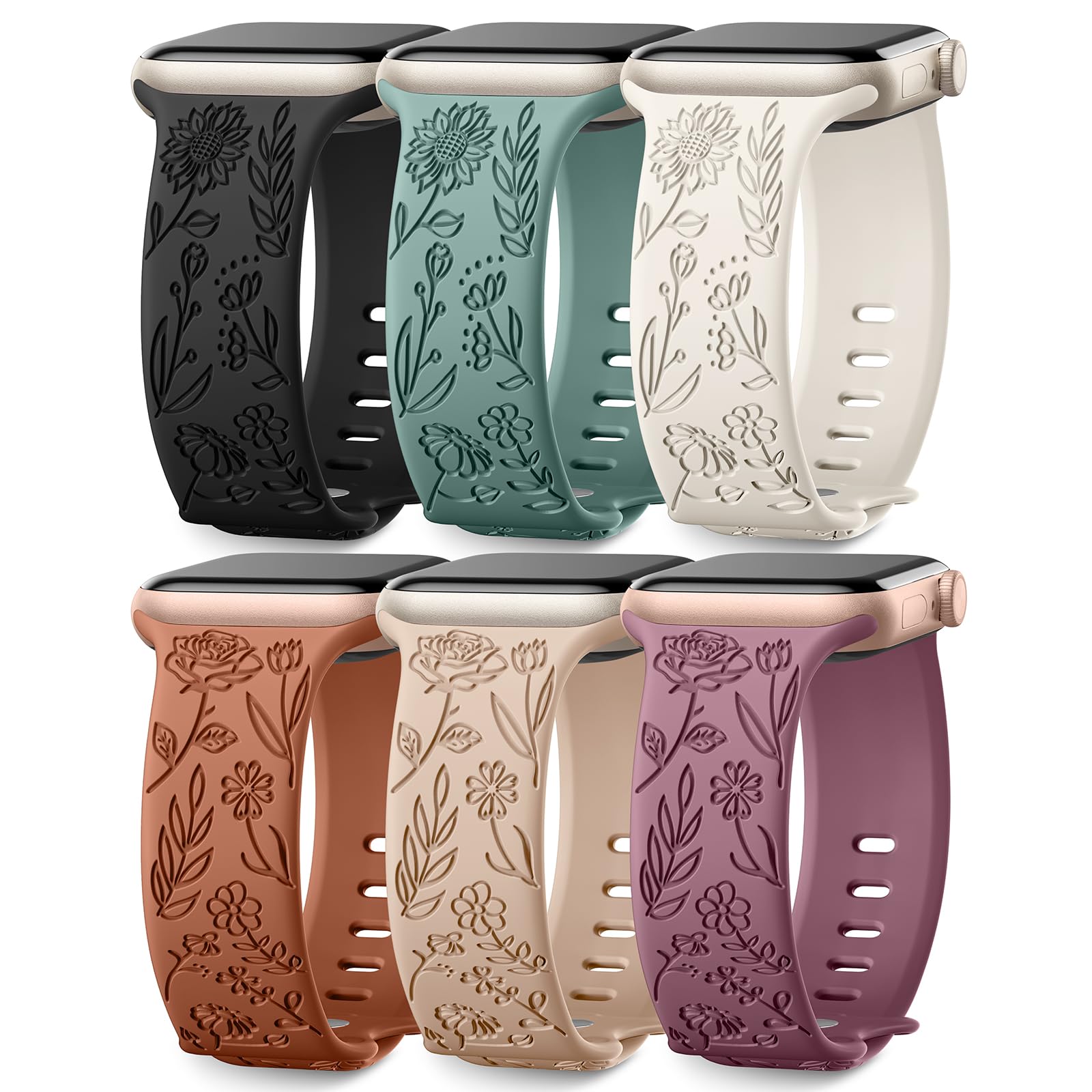 6 Pack Floral Engraved Bands Compatible with Apple Watch for Women | Cute Silico