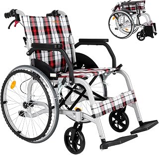 Care-Parents Wheelchair, Self-Propelled, Aluminum, Lightweight, Foldable, Compact, Helper & Self Propelling, Simple, Lightweight Wheelchair, Hand Push, Foldable, Back Folding Type, Home, Outing, Elderly People, Wheelchair (CP-30A5N, Red & Black Grid)