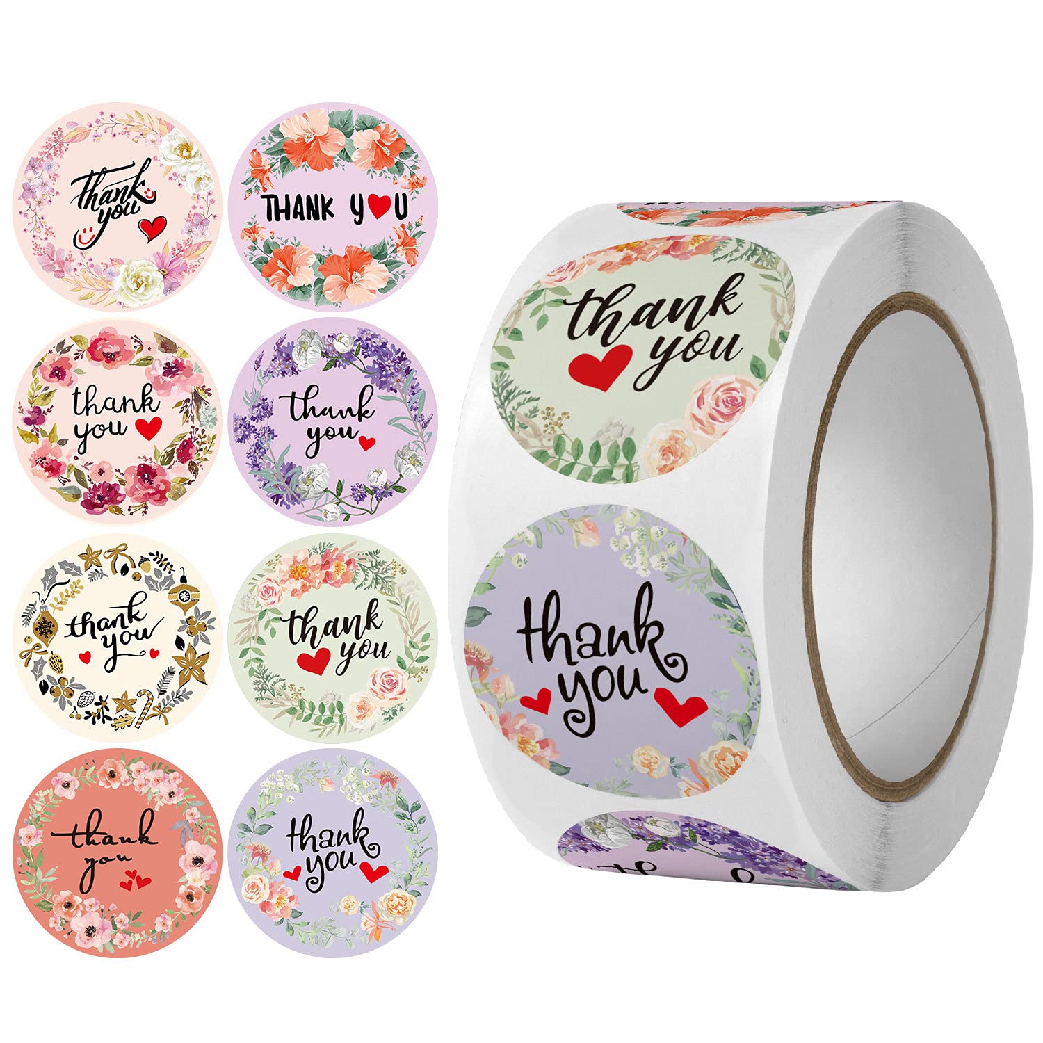 500 Pcs Floral Thank You Stickers Roll - Self Adhesive PVC Waterproof Labels for