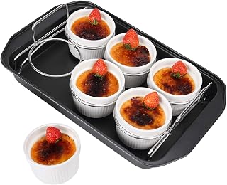 Creme Brulee Making Set | 6 Ceramics Creme Brulee Ramekins 6 oz, 304 Stainless Steel Lifting Rack, 9" X 13" Bottom Pan