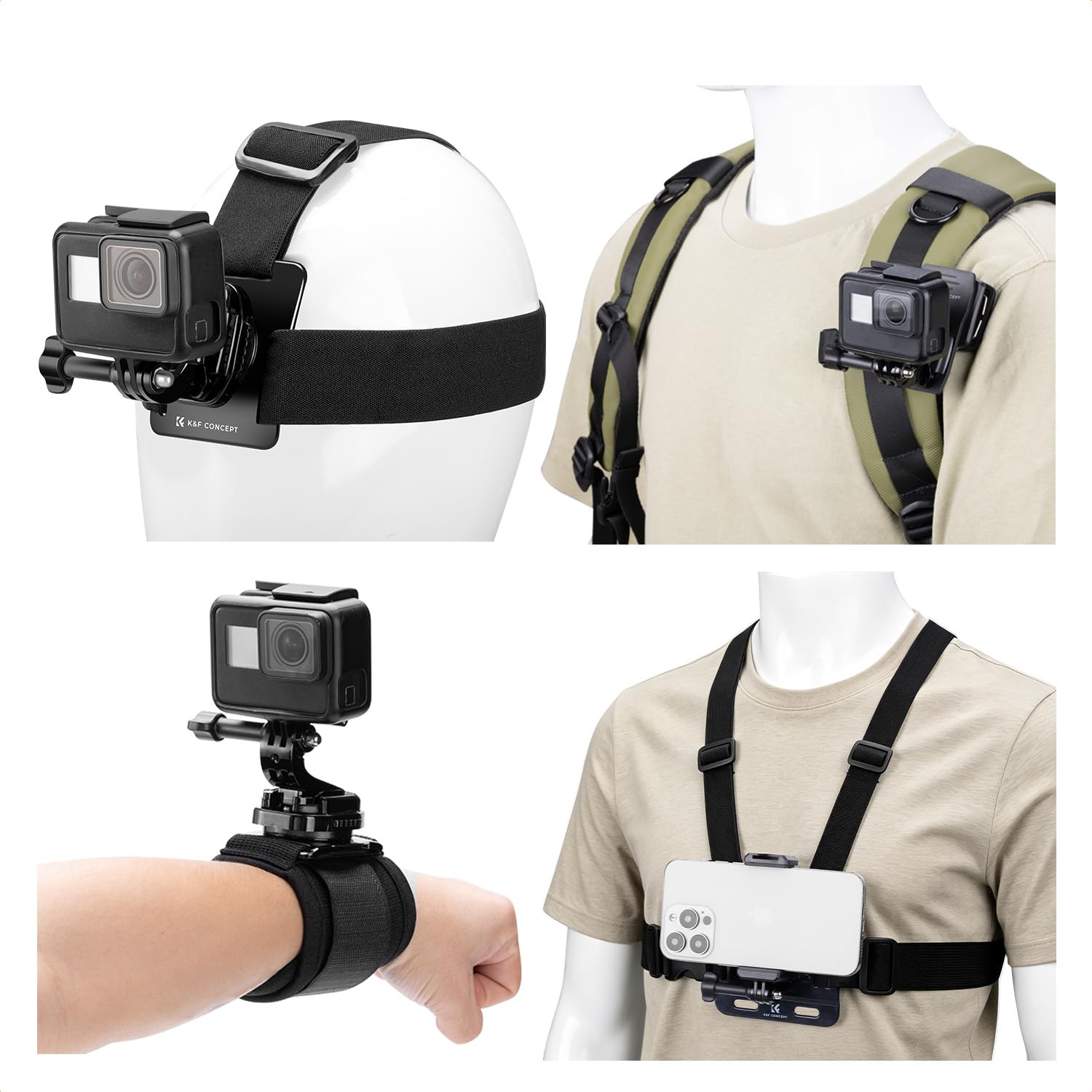 K&F CONCEPT 4-in-1 Phone Chest Mount, Head Strap, Wrist Band, Backpack Clip | Ad