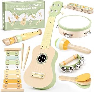 Kids Guitar Set - 8 in 1 Toddler Montessori Musical Instruments | Wooden Baby Ukulele Xylophone Tambourine Maracas Flute, Toy Guitar for Toddler, Mini Guitar Set Toddler Gifts for 2 year