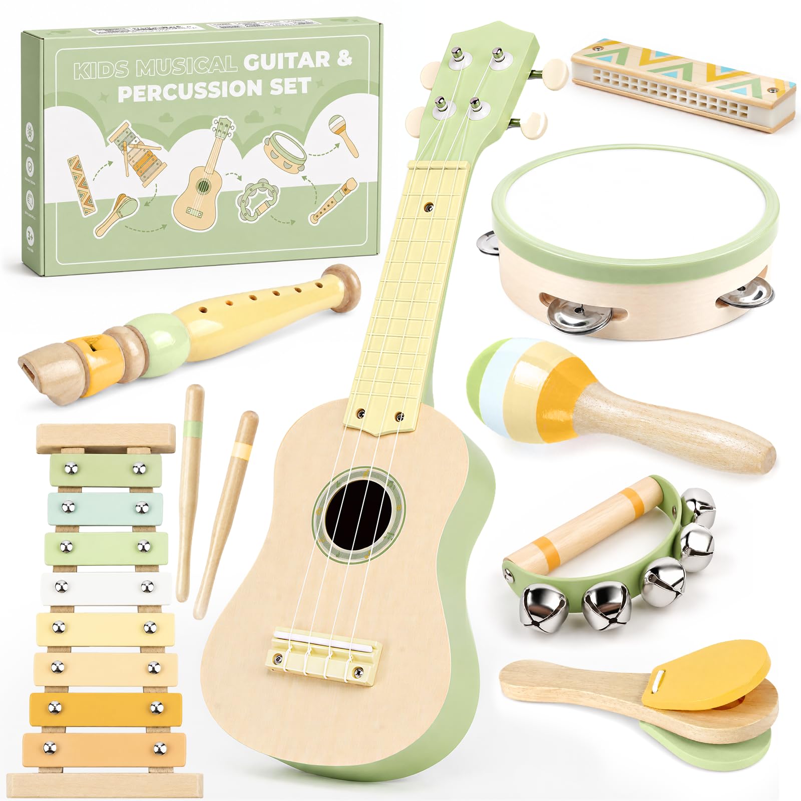 Kids Guitar Set - 8 in 1 Toddler Montessori Musical Instruments | Wooden Baby Uk