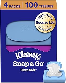 Kleenex Snap & Go Ultra Soft Facial Tissues, 4 Packs, 25 Tissues per Pack | 3-Ply, Travel Tissues, Portable Tissues, Convenient, Durable, Snap Lid, Compact