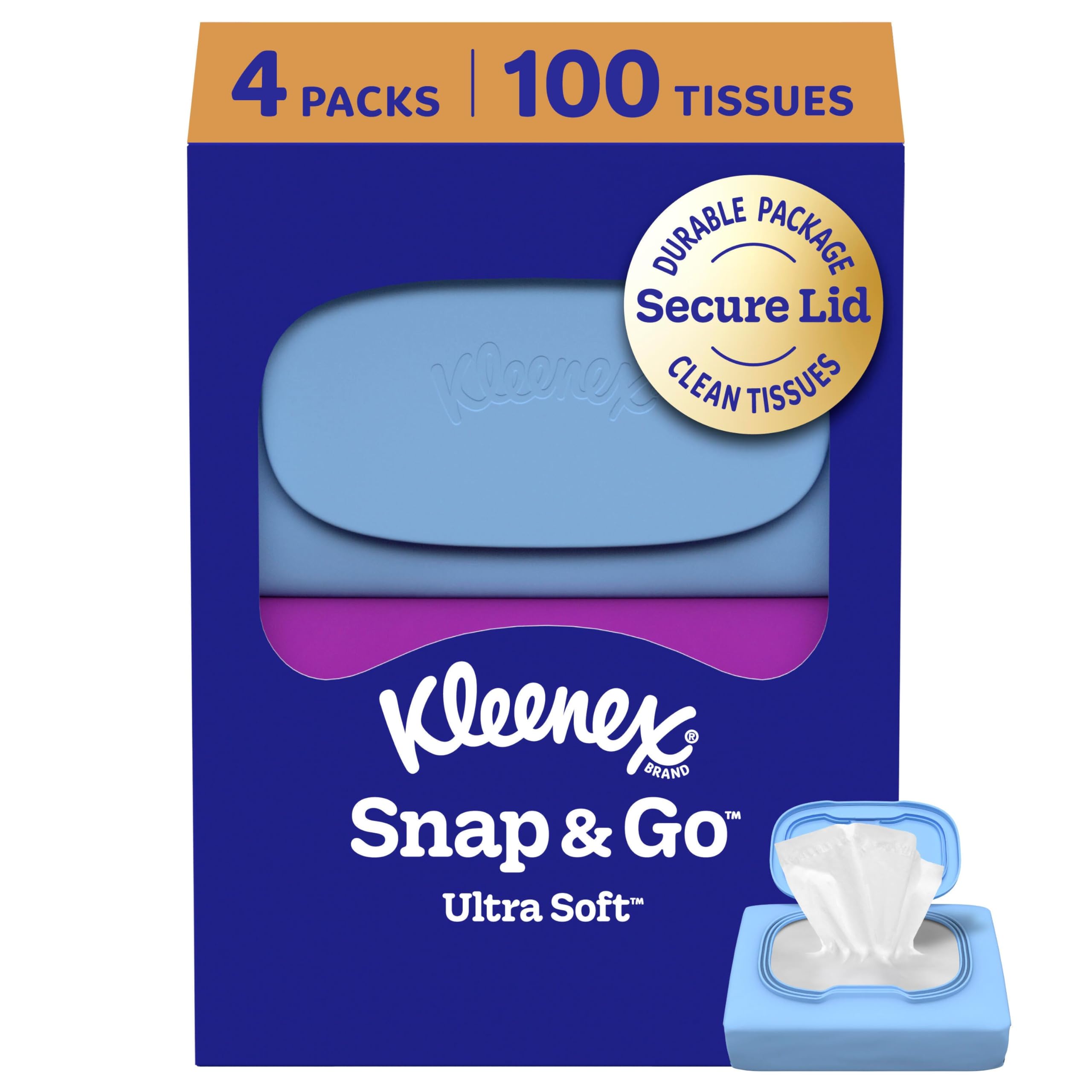 Kleenex Snap & Go Ultra Soft Facial Tissues, 4 Packs, 25 Tissues per Pack | 3-Pl