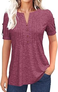 Women Summer T Shirt Short Sleeve Button Pleated V-Neck Solid Color Casual Tops