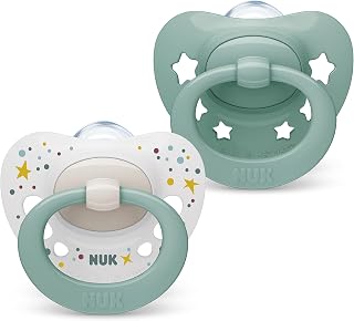 NUK Signature Baby Dummy | 0-6 months | Soothes 95% of Babies | Heart-Shaped BPA-Free Silicone Soothers | Includes Case | Green Stars | 2 Count