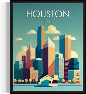 Houston Texas Unframed Poster Art Print, Retro City Mountain and Lake Landscape Artwork, Wall Art Vintage Decor Picture For Bedroom Office Home Decor 64 (Houston Texas, 36"L x 24"W, Unframed)