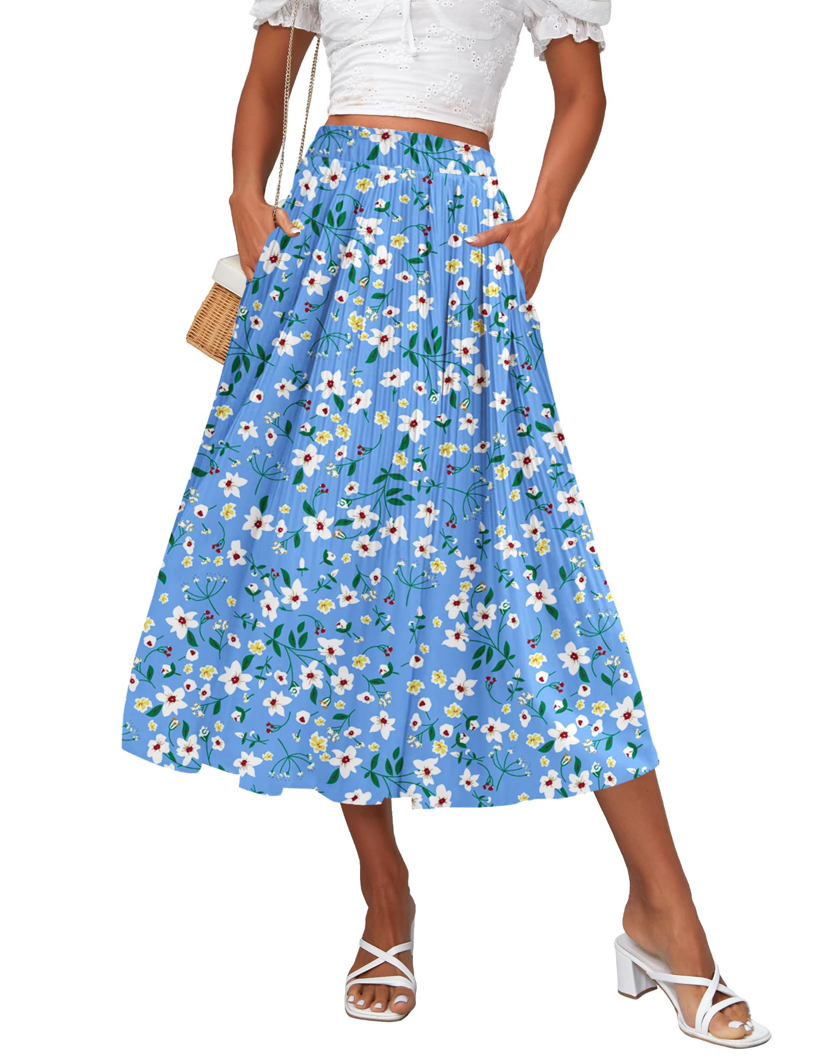 Zeagoo Women's Midi Skirts High Waisted Pleated A-Line Swing Skirts Summer Long 