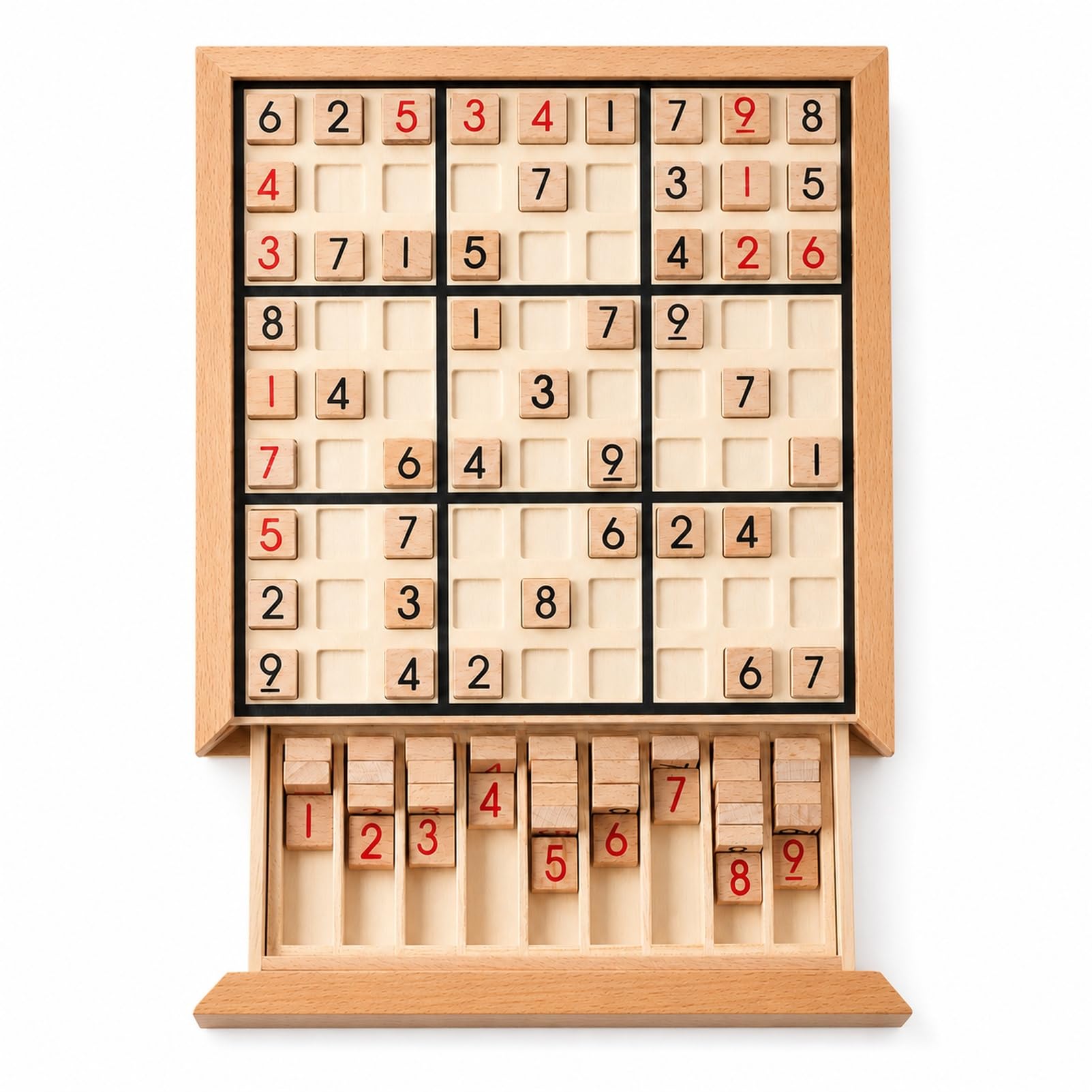 Wooden 9x9 Sudoku Game with Storage Drawer, Board Game for Adults | Logic Brain 