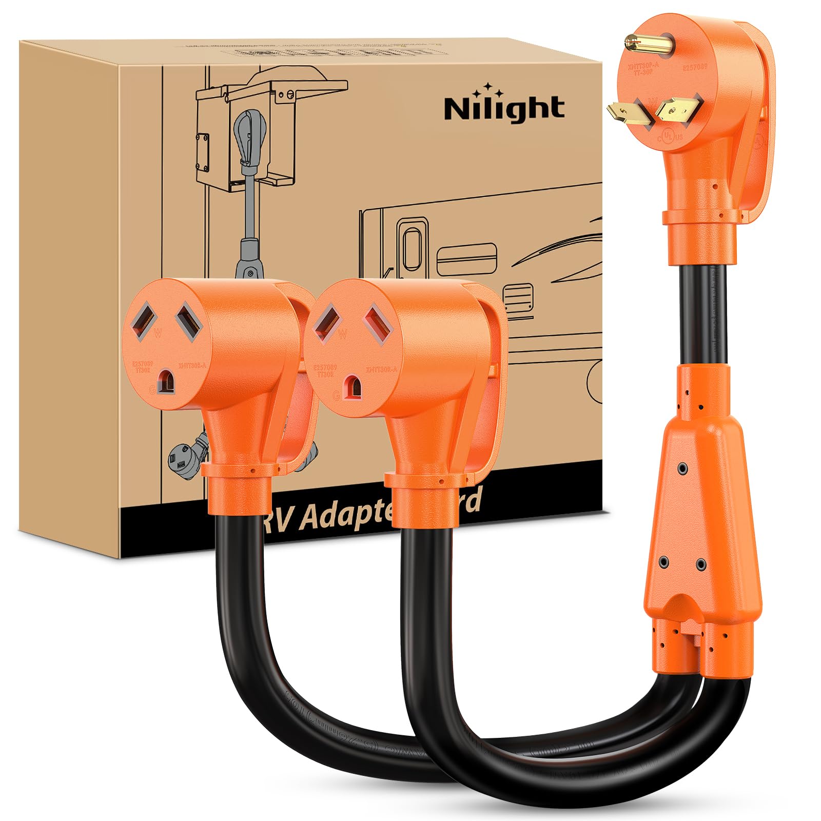 Nilight 30 Amp RV Y Splitter Adapter Cord 10 AWG NEMA TT-30P TT-30R | 30A Male P