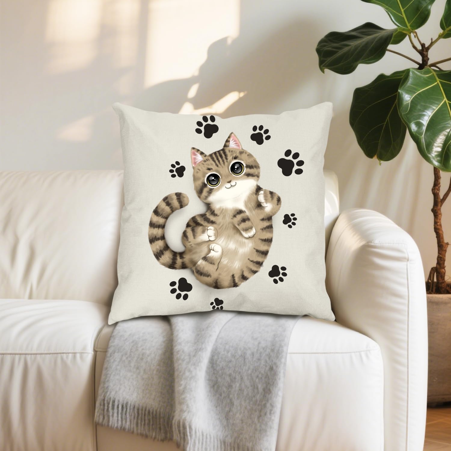 Brown Tabby Cat Rolling On Belly Up Cushion Cover, Cute Cat Paw Pattern Decorati