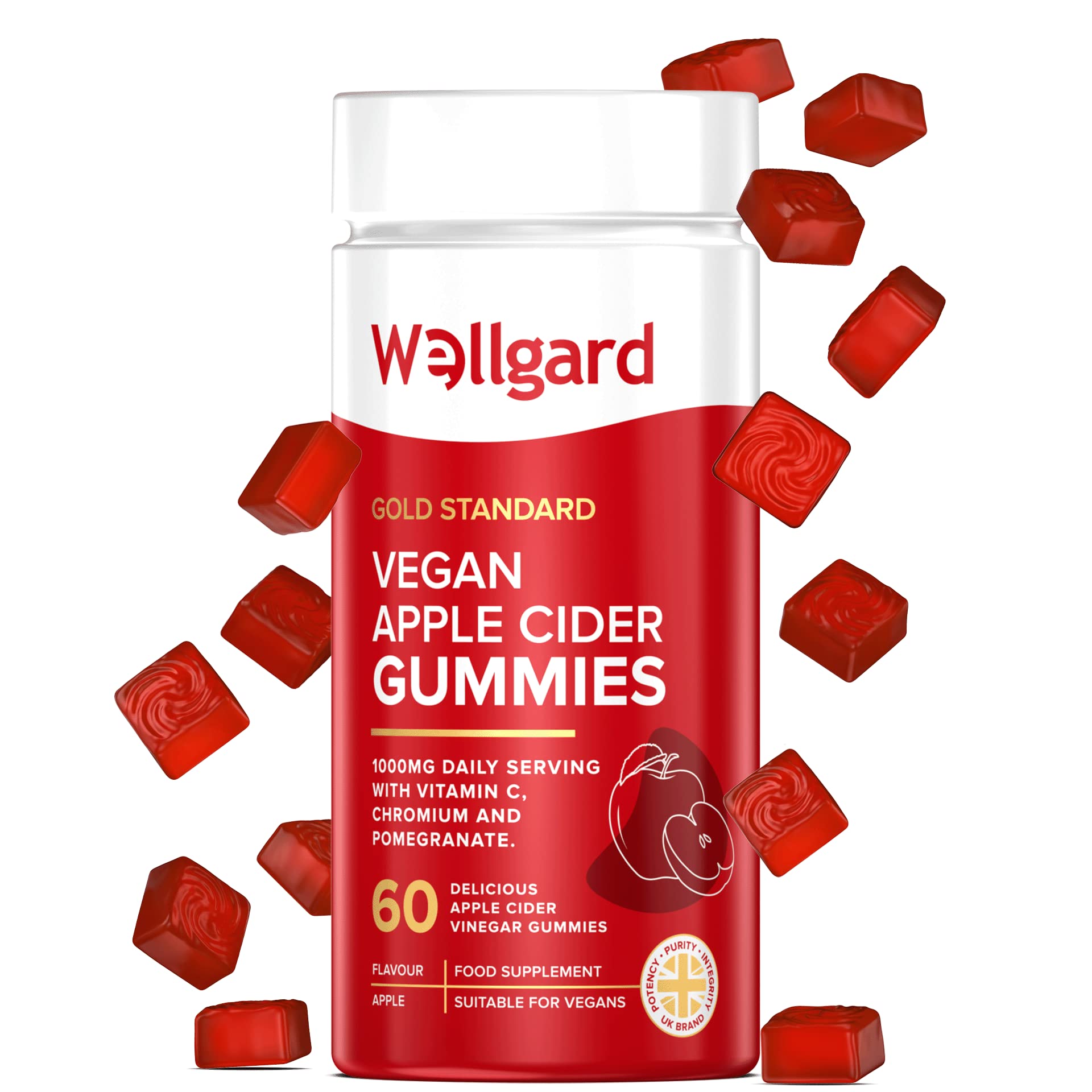 Wellgard Vegan Apple Cider Vinegar Gummies, Gold Standard 1000mg ACV Gummies wit