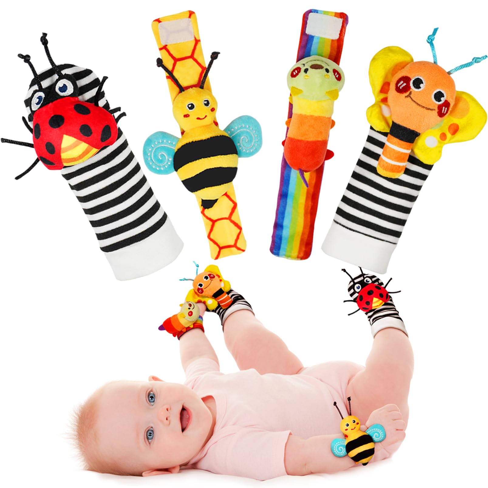 Infinno Wrist Rattles and Foot Finder Socks Set, Baby Toys for 0-12 Months | Sof