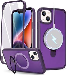 Cavor Custodia per iPhone 13 e iPhone 14, compatibile con Magsafe, custodia per iPhone 14 con pellicola protettiva, supporto magnetico protettivo per telefono, viola scuro