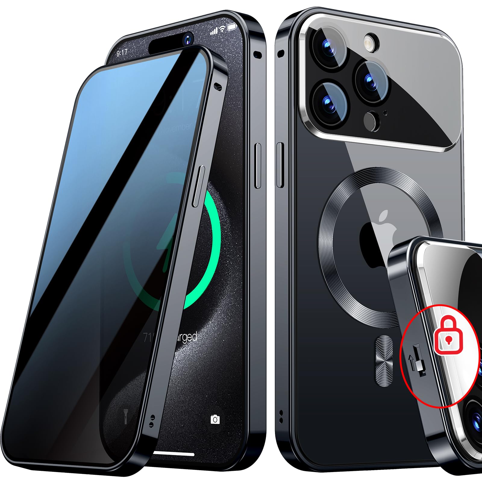 Magnetic Privacy Case for iPhone 15 Pro, Full Camera Protection-Black