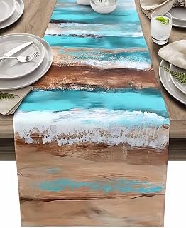 Vintage Abstract Wood Grain Turquoise Brown Gradient Table Runner Kitchen Table Runner Home Decor Farmhouse Party Decoration 13"x72"