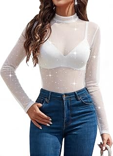 Avidlove Women Mesh Tops Clear Rhinestone Tops for Women Long Sleeve See Through Mock Neck Shirt T-Shirts Blouses S-XXL