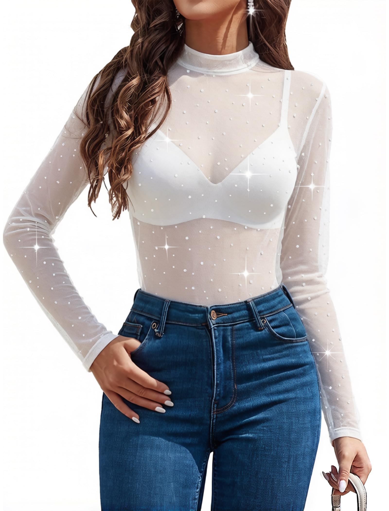 Avidlove Women Mesh Tops Clear Rhinestone Tops for Women Long Sleeve See Through