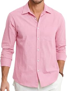 HISDERN Men's Linen and Cotton Shirts Long Sleeve Causal Buttons Regular Fit Summer Lightweight Beach Shirts with Pocket