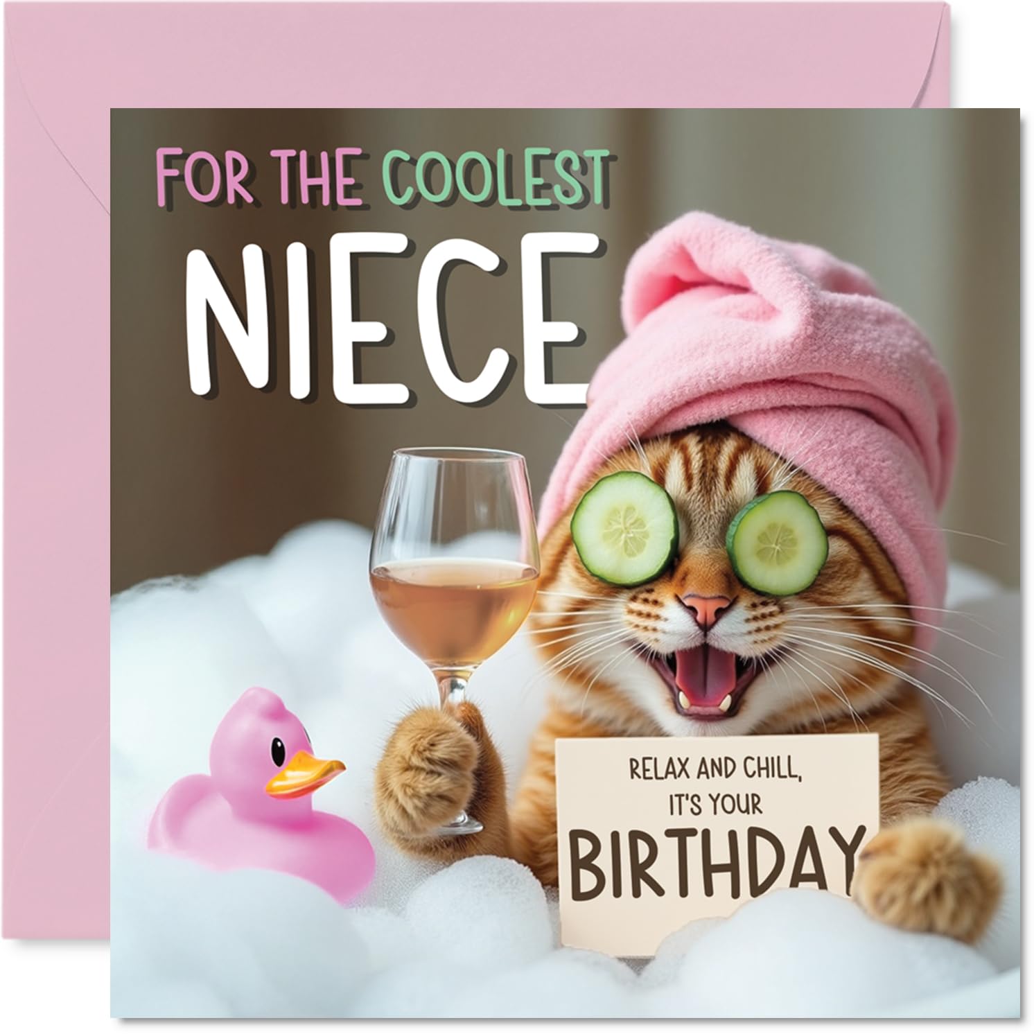 Funny Niece Birthday Card, Relaxing Bath Cat | Cheeky Happy Birthday Card for Ni