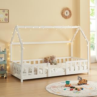[en.casa] Children's Cabin Bed in House Shape with Slatted Base with Comfortable Protective Grid Load Capacity 120 kg Pine Wood Plywood 90 x 200 cm White