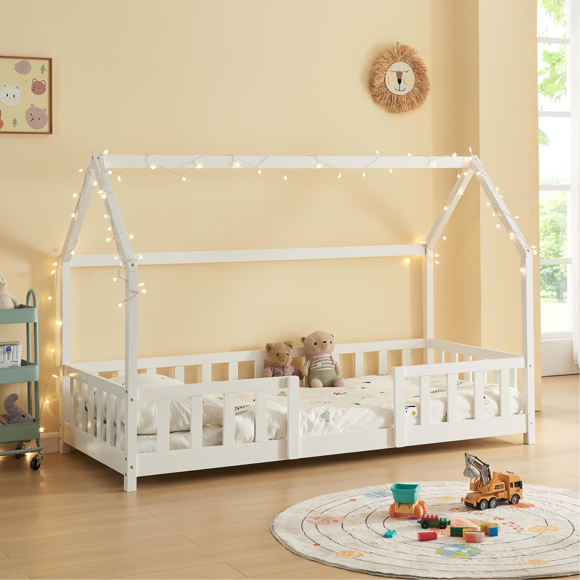 [en.casa] Children's Cabin Bed in House Shape with Slatted Base with Comfortable