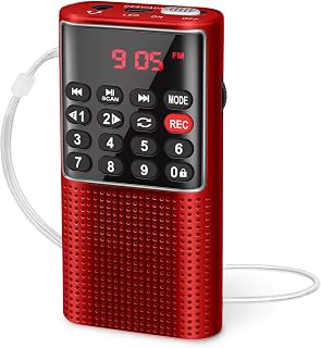 PRUNUS J-328 Mini Portable Pocket FM Radio MP3 Walkman Radio with Recorder, Lock Key, SD Card Player, Rechargeable Battery Operated(NO AM) Red (2026 Update)