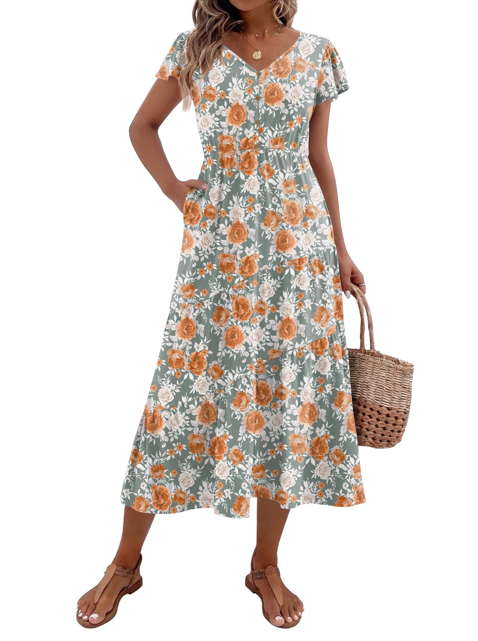 Zeagoo Women's Summer Dress Casual Short Sleeve V Neck Button Down Tiered Dress 
