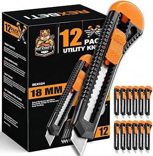 REXBETI 12-Pack Utility Knife, Retractable Box Cutter for Cartons, Cardboard and Boxes, 18mm Wider Razor Sharp Blade, Smooth Mechanism, Perfect for Office and Home use