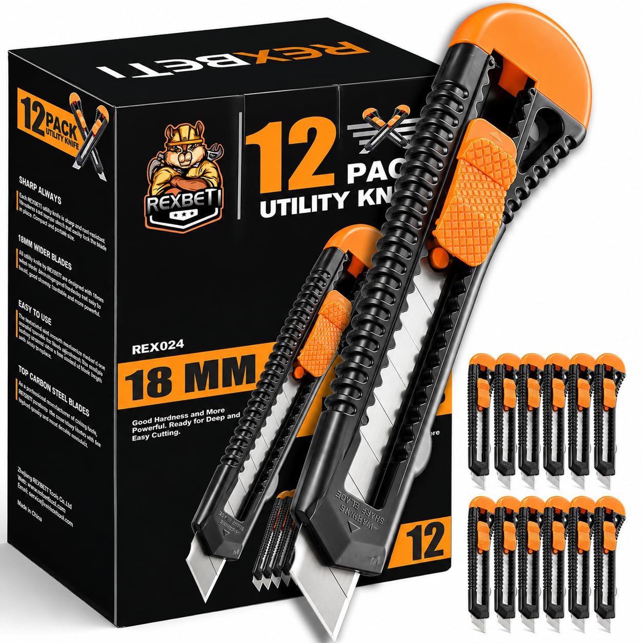 REXBETI 12-Pack Utility Knife, Retractable Box Cutter for Cartons, Cardboard and