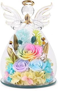 Gifts for Women Birthday Preserved Rose Forever Flower in Glass Angel Figurines Fresh Flowers for Delivery Prime for Mom Real Orange Roses for Grandma Sister Wife Her from Daughter