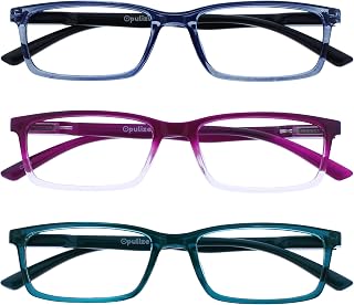 OPULIZE See - Reading Glasses Filter Set of 3 Blue Light Narrow Frame Spring Hinges Improve Sleep Gaming Computer Anti Glare Blue Transparent Purple Turquoise Men Women BBB9-35Q +1.00