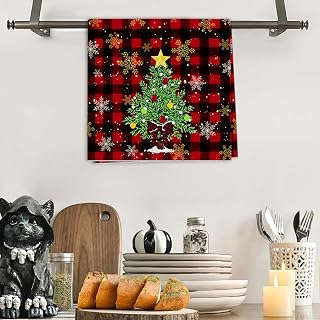 Hello Winter Christmas Buffalo Check Bath Towels Red Festive Bath Towels with Snowflakes and Trees