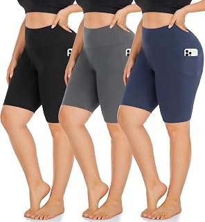 MOREFEEL 3 Pack Plus Size 8" Biker Shorts with Pockets for Women-High Waist Non-See Through Workout Black Yoga Short