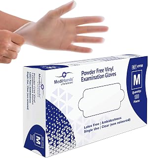 MediHands Clear Vinyl Powder Free Gloves | Food Safe | Disposable | Latex Free | Medium - Pack of 100