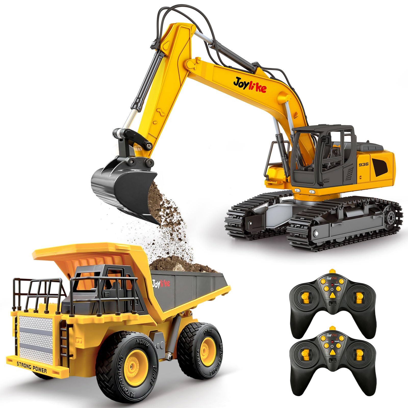 Joylike RC Excavator and Dump Truck Toy Set，2.4Ghz Metal Remote Control Construc