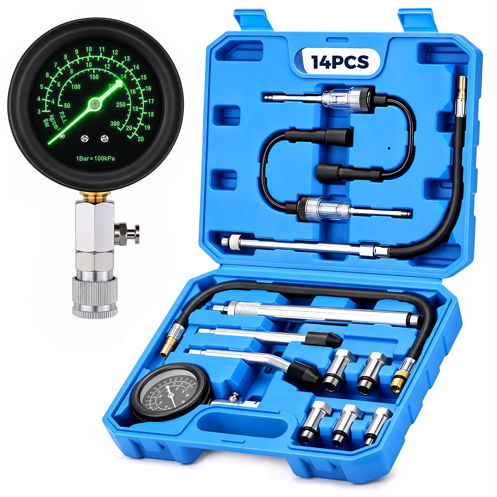 DISEN 14PCS Compression Tester 0-300 PSI Gauge 5 Adapters Plug Tester | Tri-scal