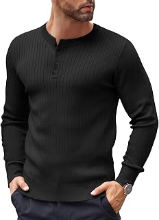 COOFANDY Suéter de punto casual para hombre, cuello Henley, manga larga, ajustado, suéter trenzado