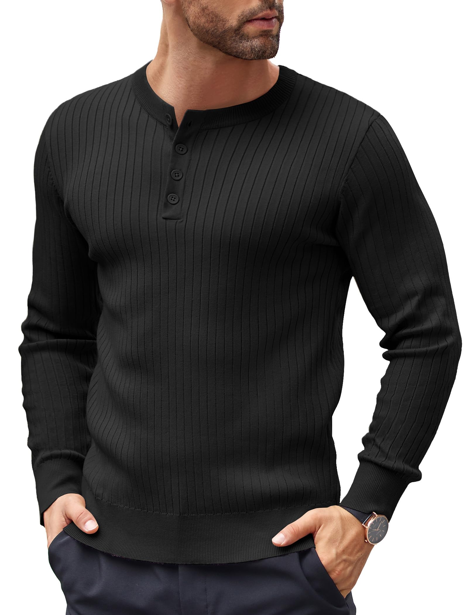 COOFANDY Suéter de punto casual para hombre, cuello Henley, manga larga, ajustad