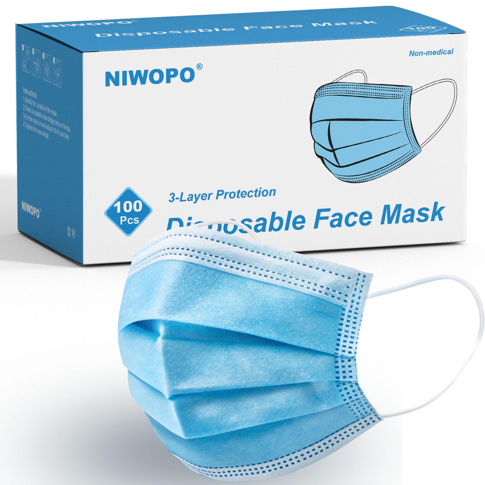 Disposable Face Masks 100 Pack, 3 Ply Breathable Filter Mask with Adjustable Nos