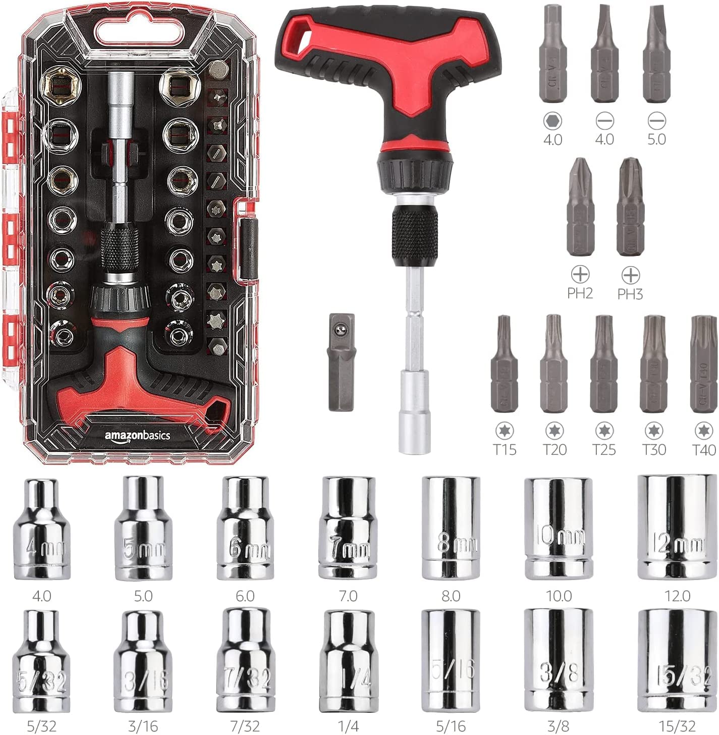 Amazon Basics 27-Piece Ratchet Screwdriver and Socket Set, Light-Duty T-Handle w