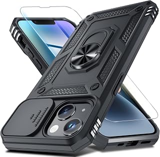 for iPhone 14/iPhone 13 Phone Case Built in Slide Camera Lens Cover | with Tempered Glass Screen Protector+Finger Ring Holder Kickstand,Heavy Duty Shockproof Full Body Phone Cover,Black