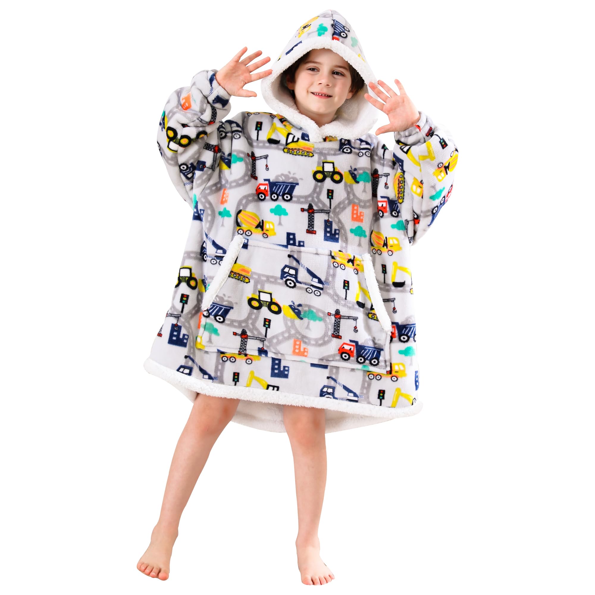 Blanket Hoodie, Sherpa Fleece Wearable Blanket for Kids, Plush Flannel Hooded Bl