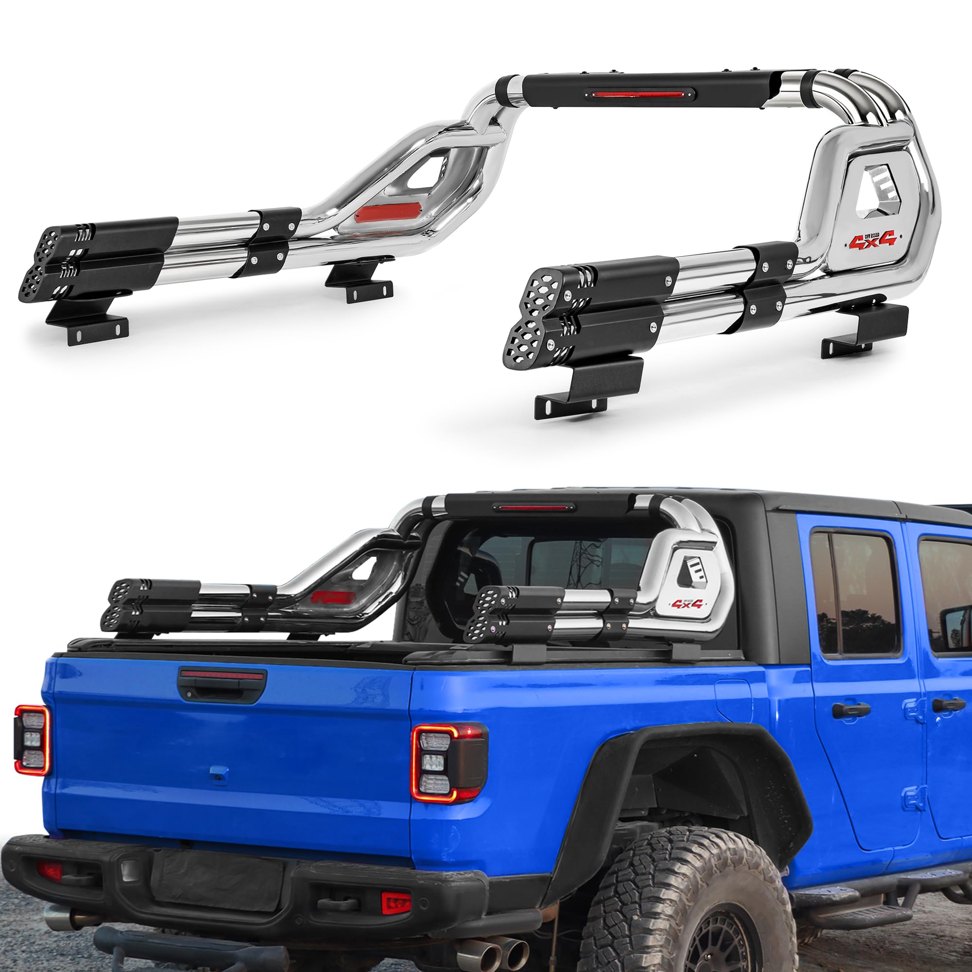TerraRover Adjustable Truck Bed Roll Bar with Daul Soilding Tubing &amp; LED Bra